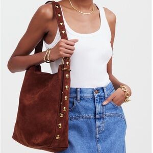 Madewell The Essentials Suede Studded Shoulder Tote Bag in Soft Mahogany